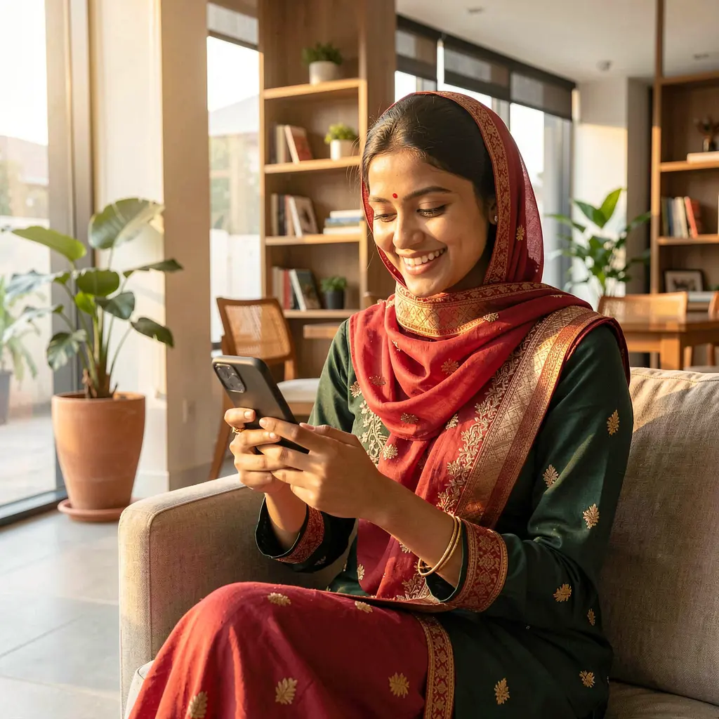 Confident Bangladeshi woman exploring casino games on the VG88 mobile app while relaxing in a modern indoor setting
