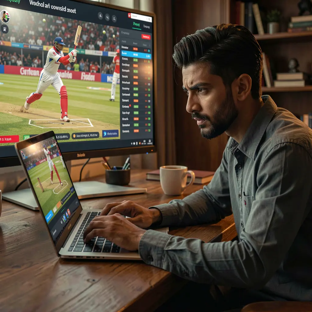 Focused Bangladeshi sports bettor using the VG88 betting platform on a laptop while following a live cricket match