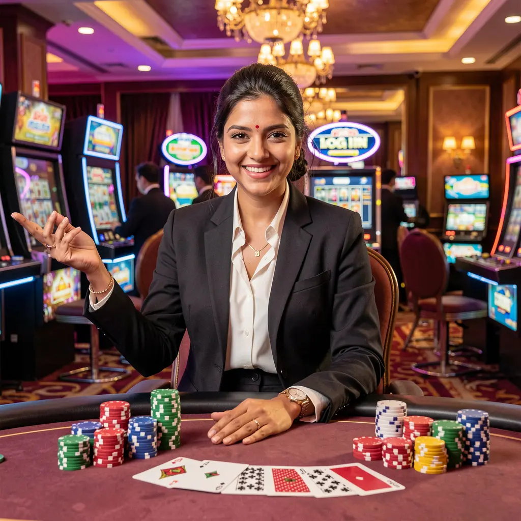 Stylish casino dealer welcoming players to a live gaming table with poker chips and cards, showcasing the premium VG88 casino experience in Bangladesh