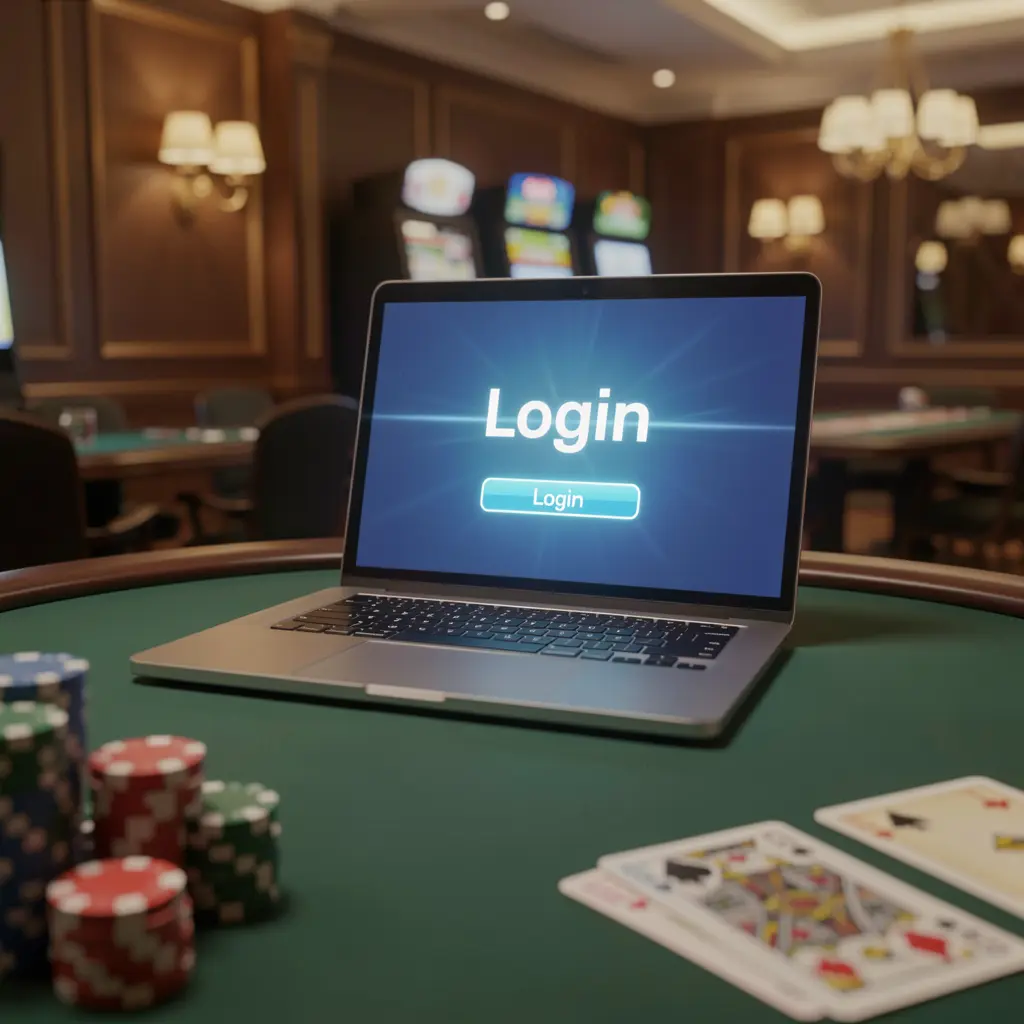 Modern laptop on a casino table with chips and cards showing the VG88 login screen for secure access in Bangladesh